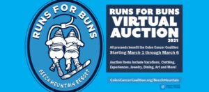 Two people sitting on a chair life with the text "Runs for Buns Virtual Auction"