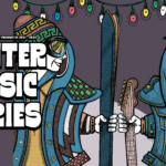 Winter Music Series Artwork featuring two people in ski clothes, one holding a ski and one holding a guitar.