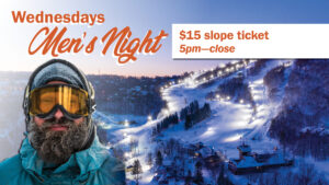 Men's night poster with a man in front of a wide view of the slopes