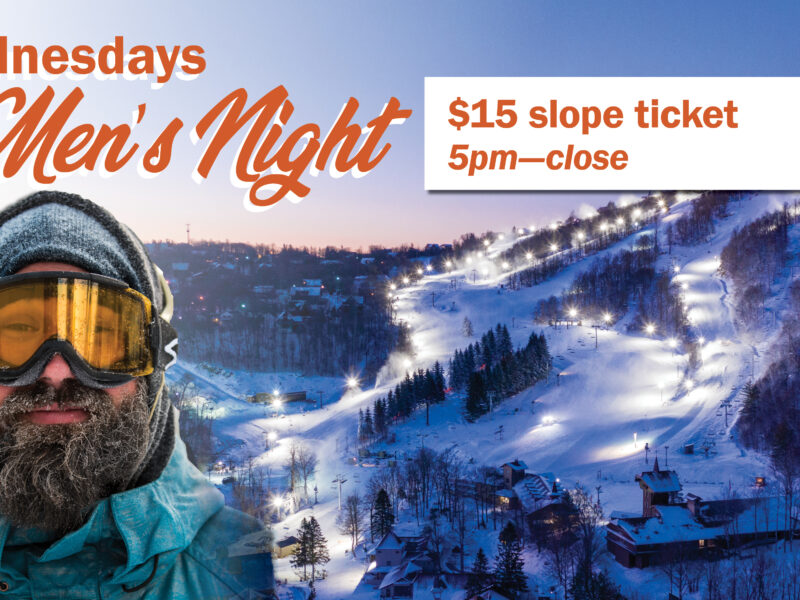 Men's night poster with a man in front of a wide view of the slopes