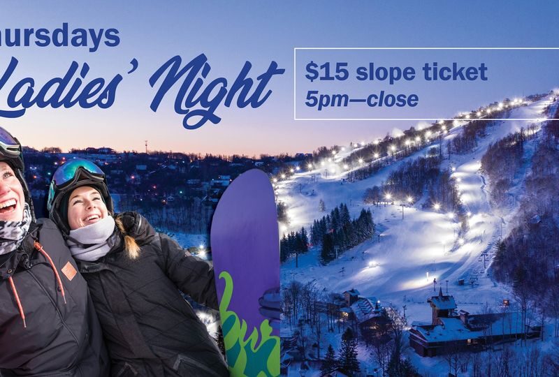 Ladies night poster with two gals in front of a wide visual of the slopes behind them