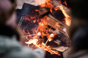 Close-up of fire with marshmallows on sticks hovering over the fire.