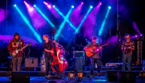 Four men all playing different instruments on stage. The lights behind them are dark blue, light blue, and purple in a crisscross pattern.