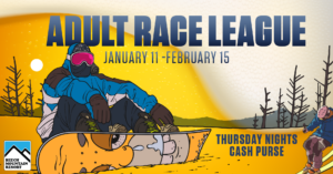 picture of digital snowboarder sitting with text on top. text: adult race league 1/11/24-2/15/24.