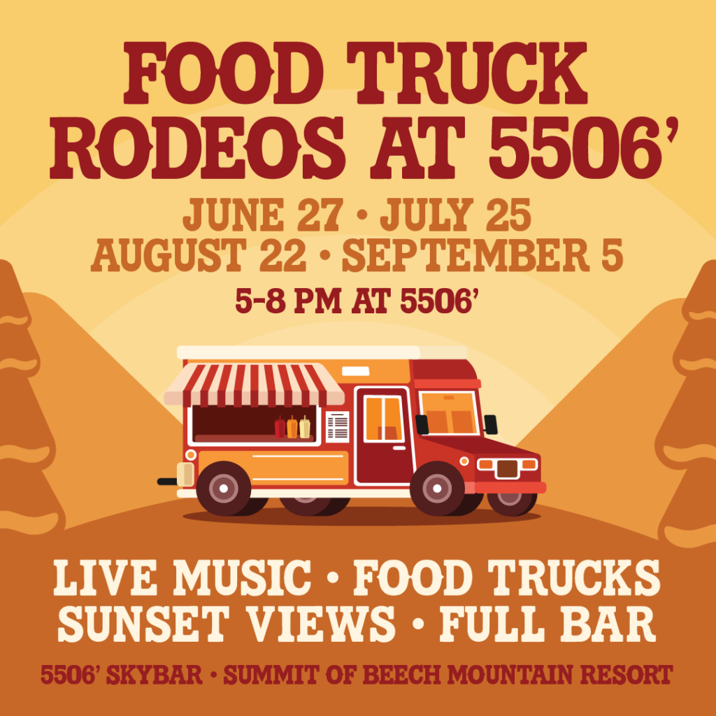 Orange graphic featuring a food truck illustration with Food Truck Rodeo event dates listed for the summer series at Beech Mountain Resort.